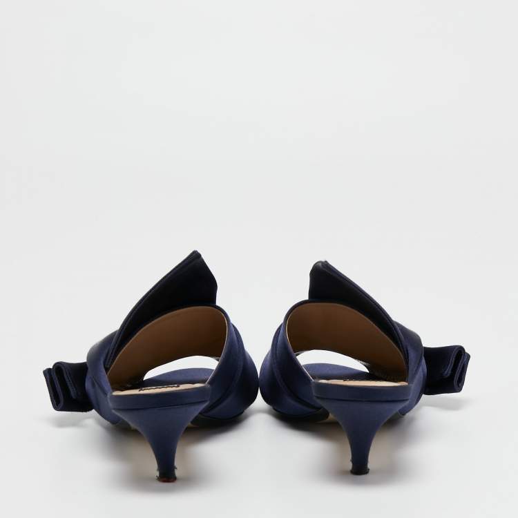 Pre Owned Nº21 Navy Blue Satin Raso Knot Peep Toe Kitten Heel Mules Size 36