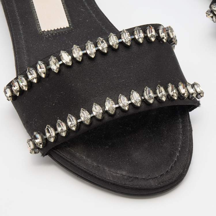 Pre Owned Nº21 Black Satin Crystal Embellished Flat Slides Size 38