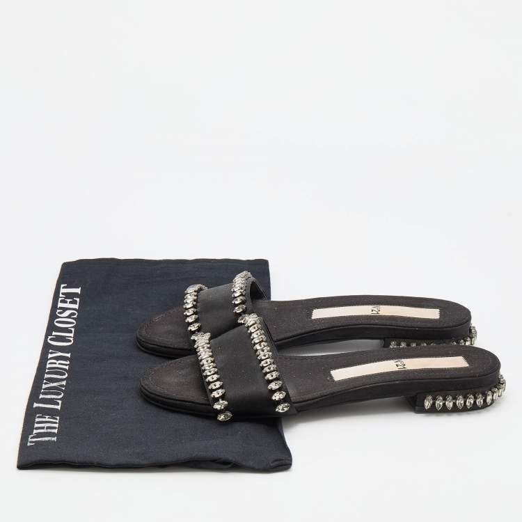 Pre Owned Nº21 Black Satin Crystal Embellished Flat Slides Size 38