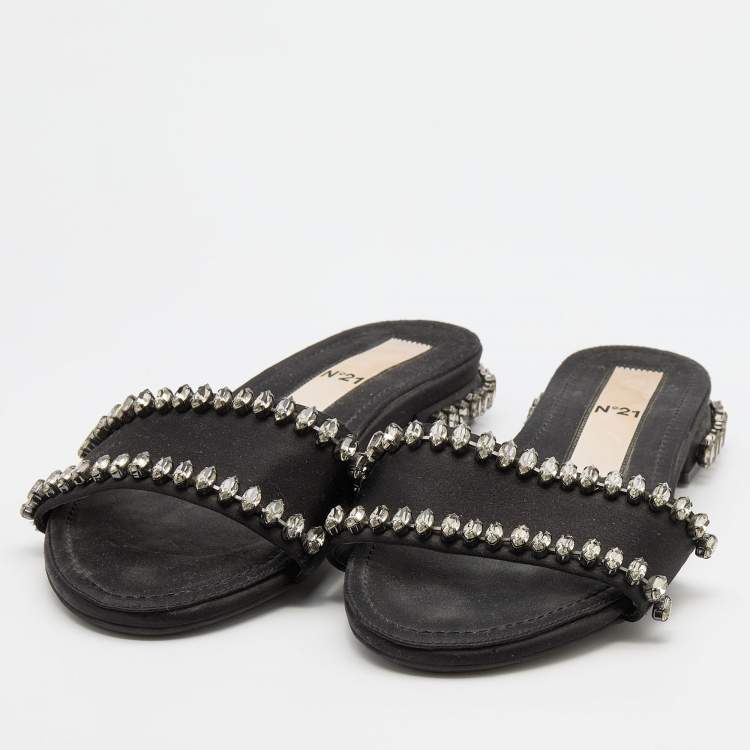 Nº21 Black Satin Crystal Embellished Flat Slides Size 38 N21 | TLC