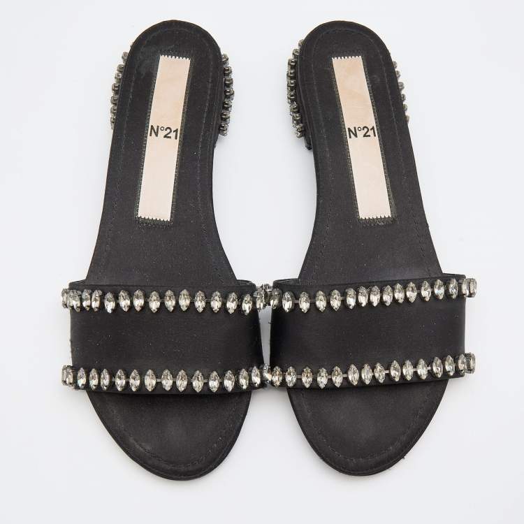 Pre Owned Nº21 Black Satin Crystal Embellished Flat Slides Size 38