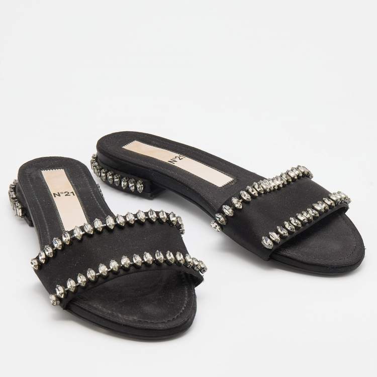 Pre Owned Nº21 Black Satin Crystal Embellished Flat Slides Size 38
