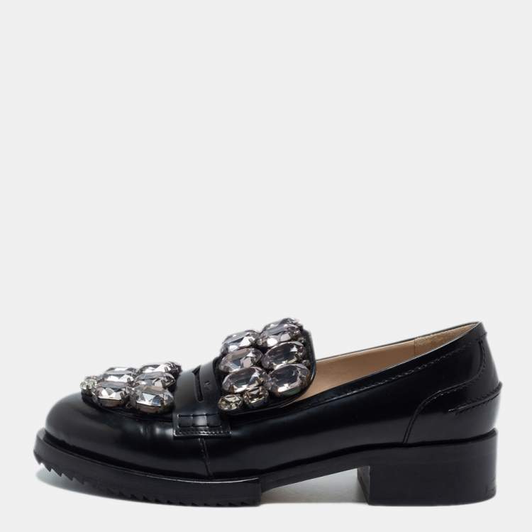 Pre Owned N21 Black Leather Crystal Embellished Loafers Size 37.5