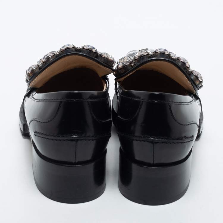 Pre Owned N21 Black Leather Crystal Embellished Loafers Size 37.5