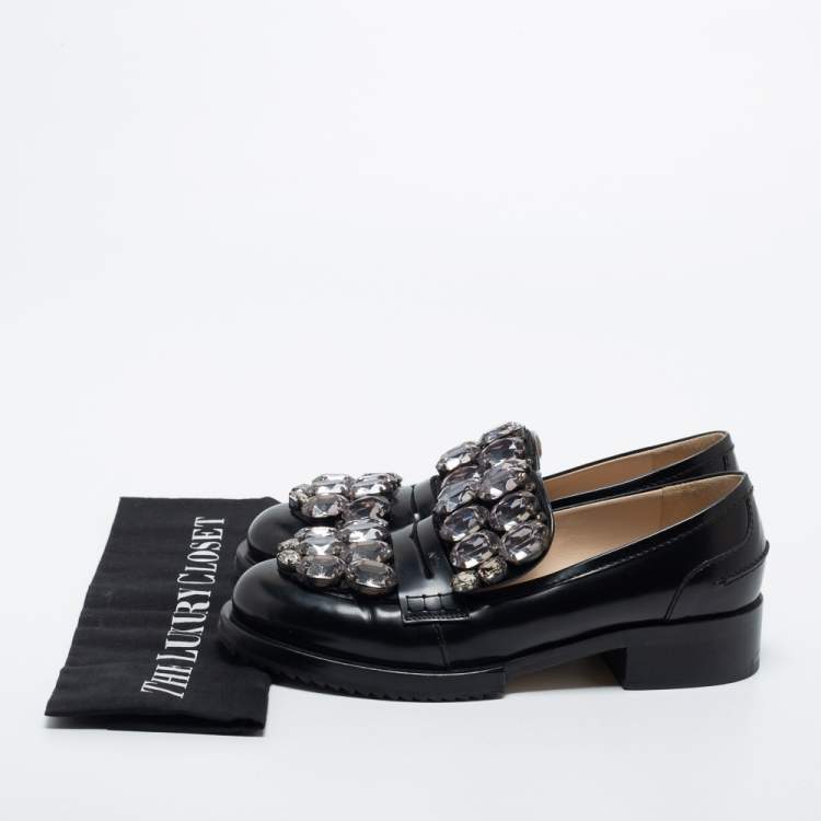 Pre Owned N21 Black Leather Crystal Embellished Loafers Size 37.5