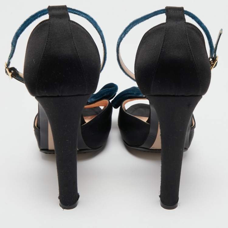 Pre Owned N21 Black Satin Bow Peep Toe Ankle Strap Sandals Size 41
