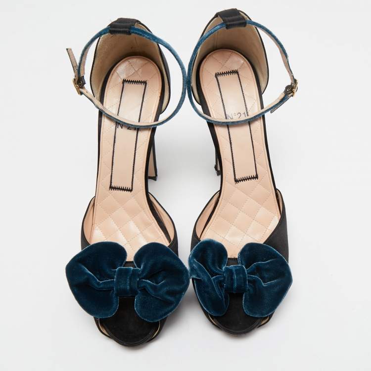 Pre Owned N21 Black Satin Bow Peep Toe Ankle Strap Sandals Size 41