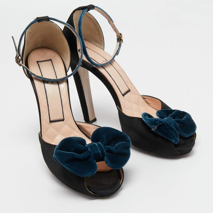 Pre Owned N21 Black Satin Bow Peep Toe Ankle Strap Sandals Size 41
