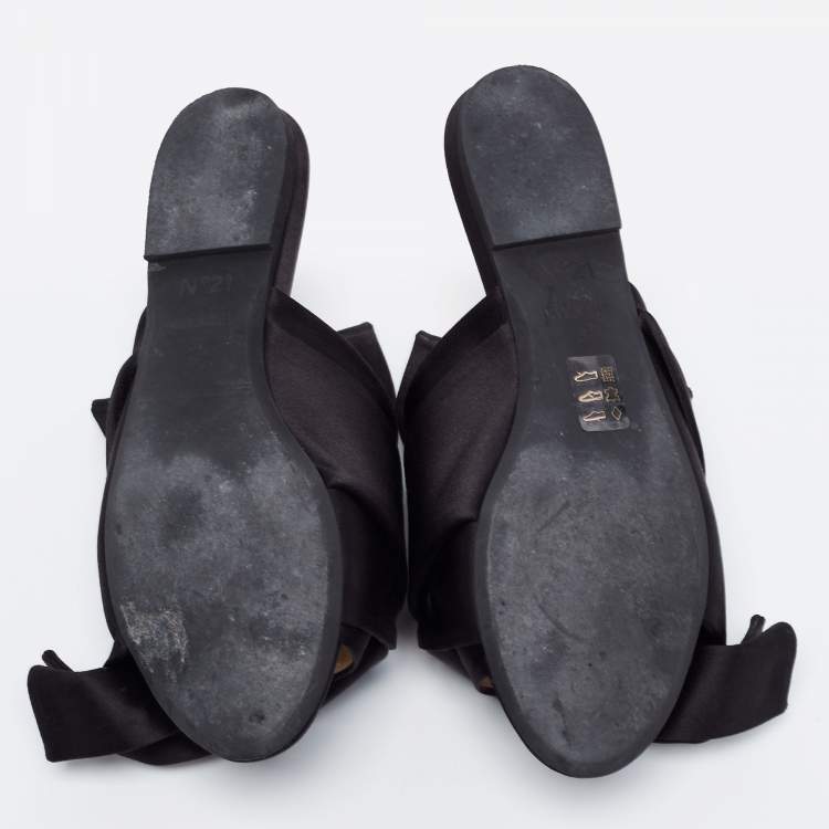 Pre Owned N21 Black Satin Embellished Raso Knot Flat Slides Size 37