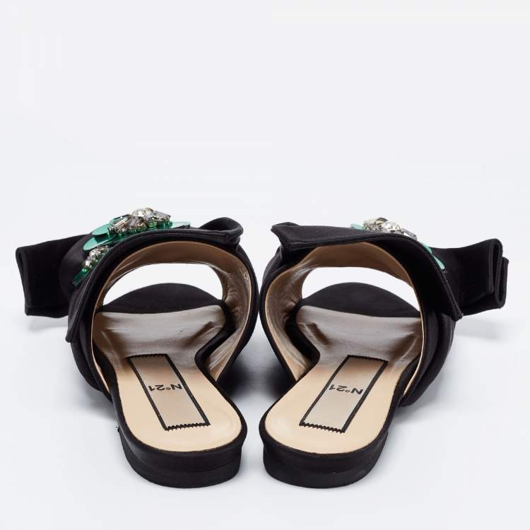 Pre Owned N21 Black Satin Embellished Raso Knot Flat Slides Size 37