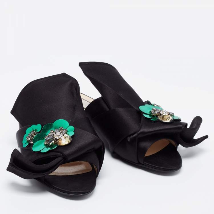 Pre Owned N21 Black Satin Embellished Raso Knot Flat Slides Size 37