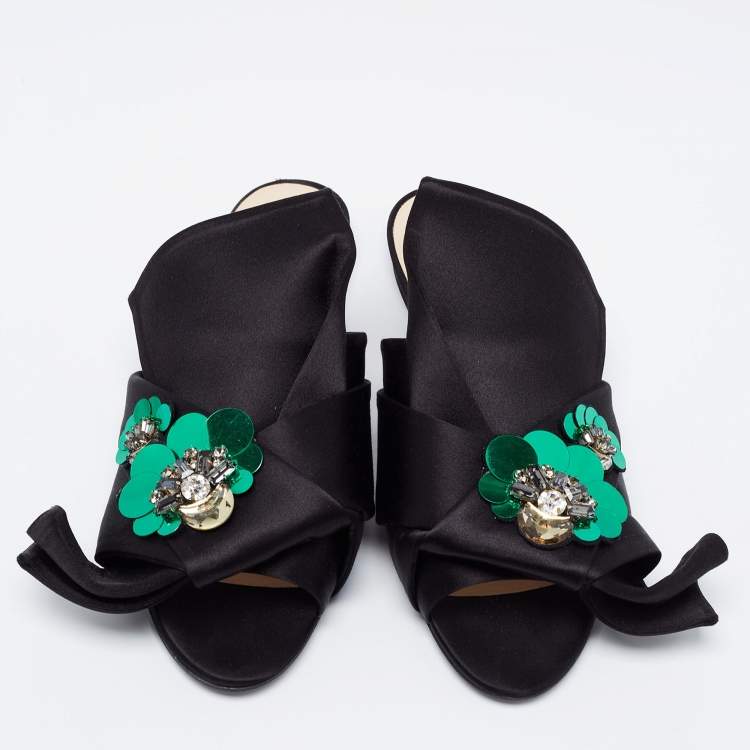 Pre Owned N21 Black Satin Embellished Raso Knot Flat Slides Size 37