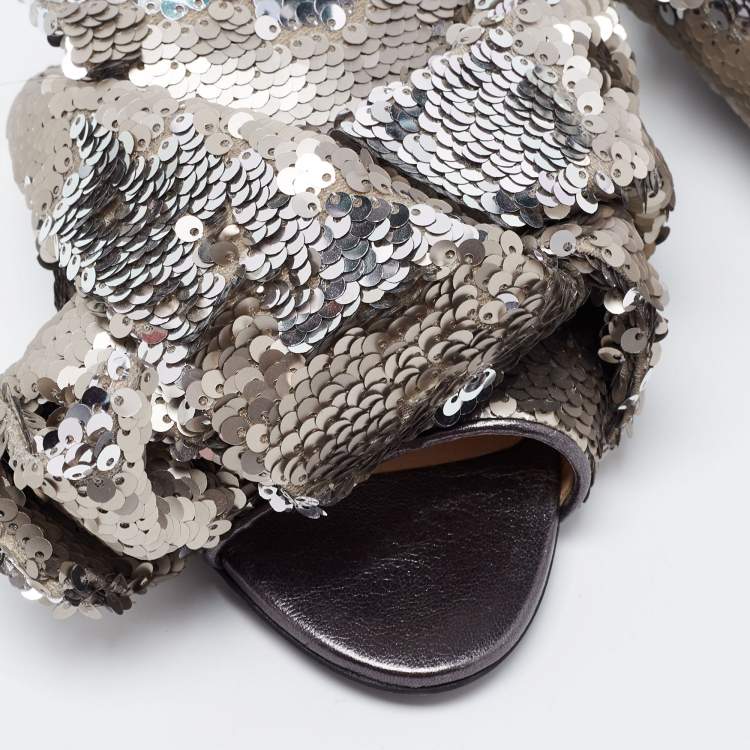 Pre Owned N21 Silver Sequins Knotted Flat Slides Size 37