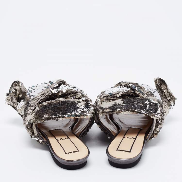 Pre Owned N21 Silver Sequins Knotted Flat Slides Size 37
