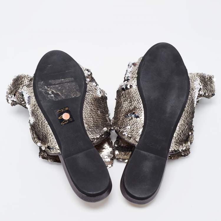 Pre Owned N21 Silver Sequins Knotted Flat Slides Size 37
