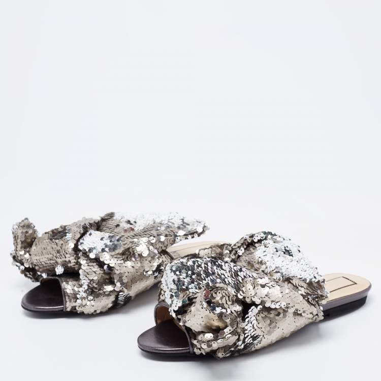 Pre Owned N21 Silver Sequins Knotted Flat Slides Size 37