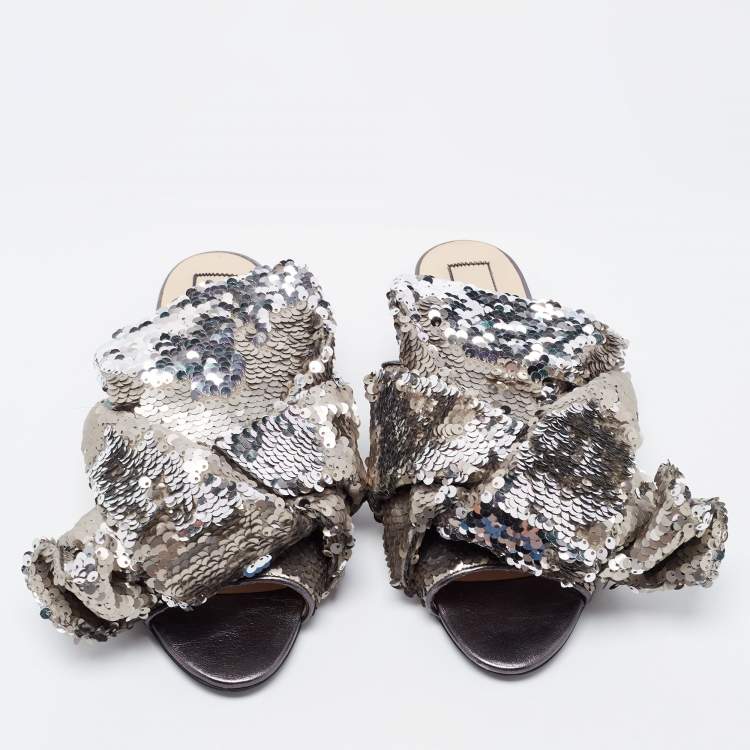 Pre Owned N21 Silver Sequins Knotted Flat Slides Size 37