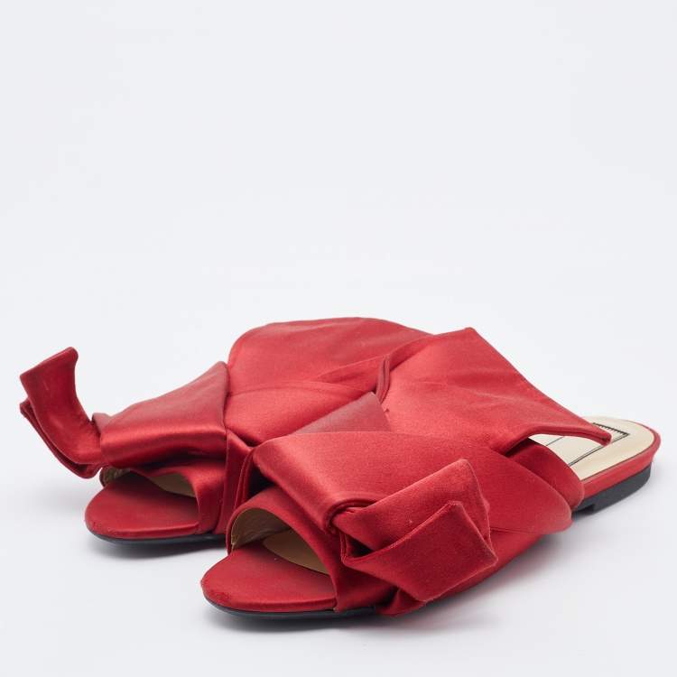 Pre Owned N21 Red Satin Raso Knot Flat Slides Size 37