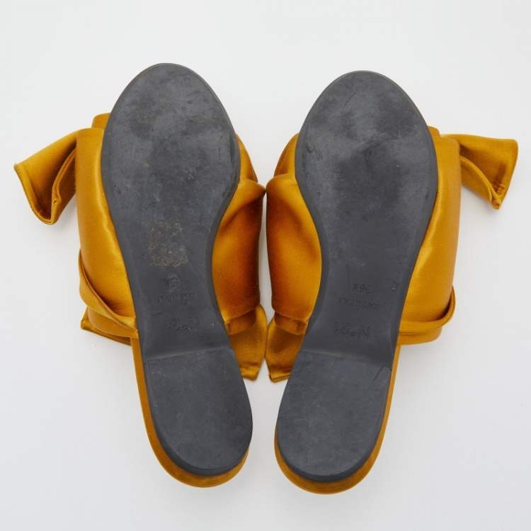Pre Owned N°21 Mustard Yellow Satin Knot Flat Mules Size 36.5