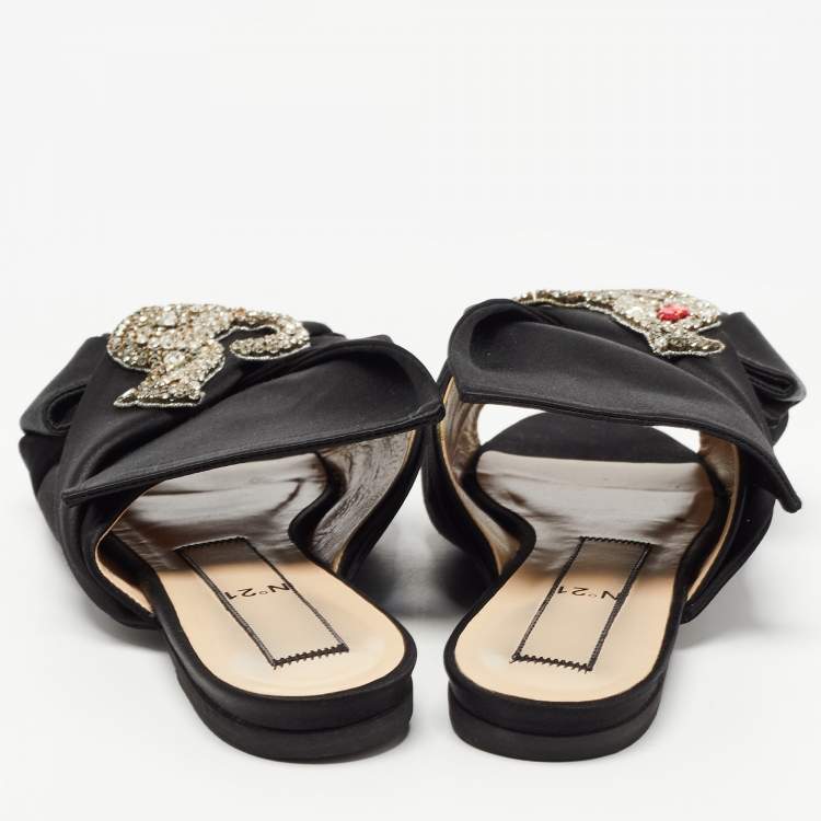 Pre Owned Nº21 Black Knotted Satin Crystal Embellished Flat Slides Size 39