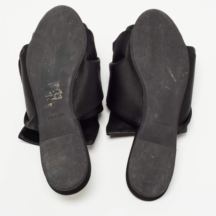 Pre Owned Nº21 Black Knotted Satin Crystal Embellished Flat Slides Size 39
