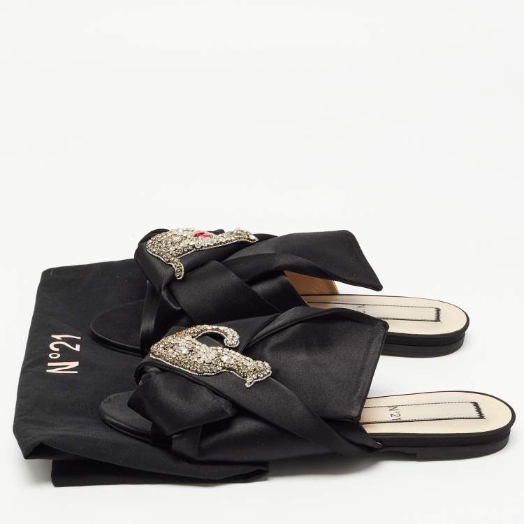 Pre Owned Nº21 Black Knotted Satin Crystal Embellished Flat Slides Size 39