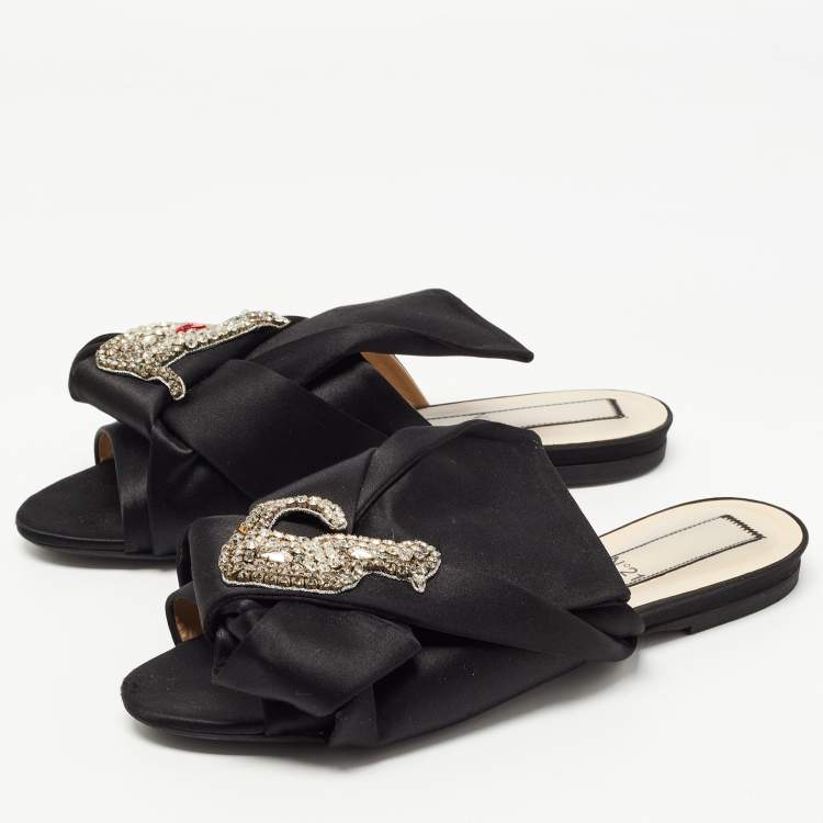 Pre Owned Nº21 Black Knotted Satin Crystal Embellished Flat Slides Size 39