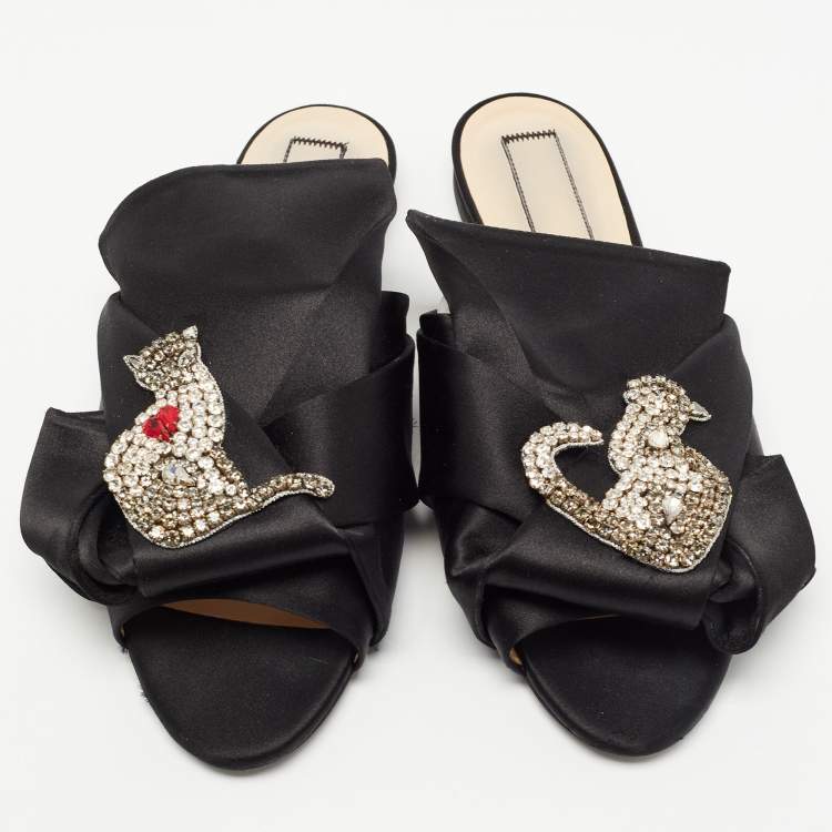 Pre Owned Nº21 Black Knotted Satin Crystal Embellished Flat Slides Size 39