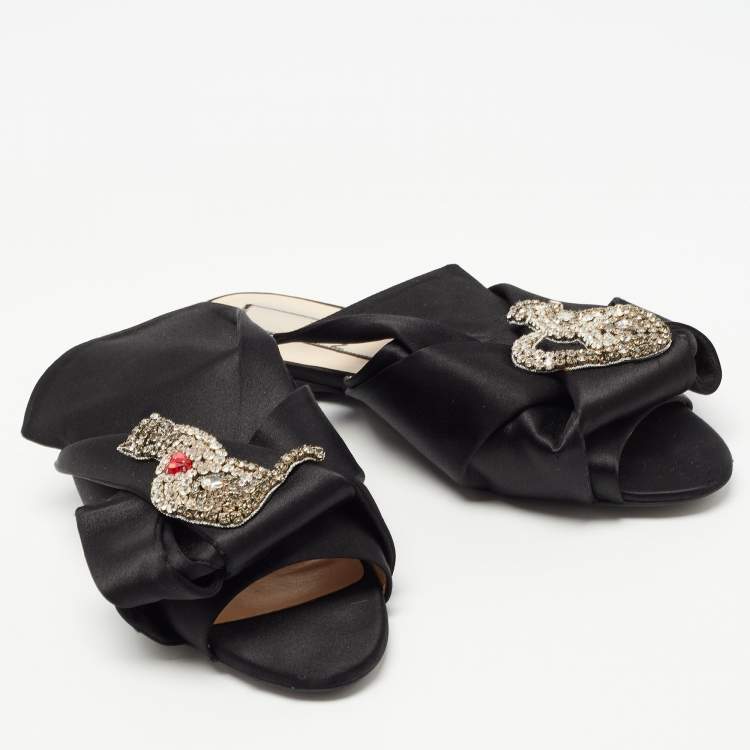 Pre Owned Nº21 Black Knotted Satin Crystal Embellished Flat Slides Size 39