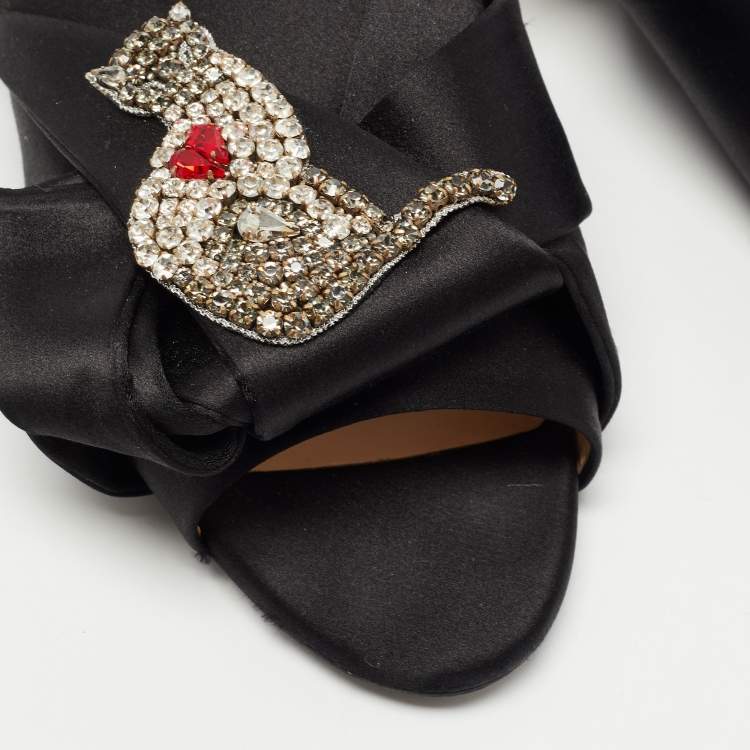 Pre Owned Nº21 Black Knotted Satin Crystal Embellished Flat Slides Size 39