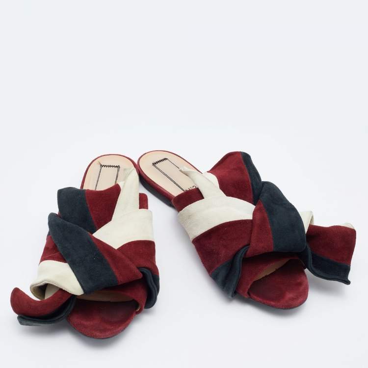 Pre Owned N21 Tri Color Suede Knot Flat Mules Size 38