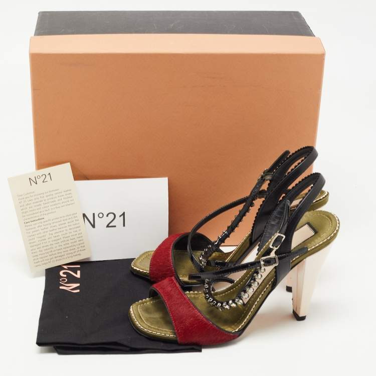 Pre Owned N21 Red/Black Leather and Calf Hair Crystal Studded Ankle Strap Sandals Size 36
