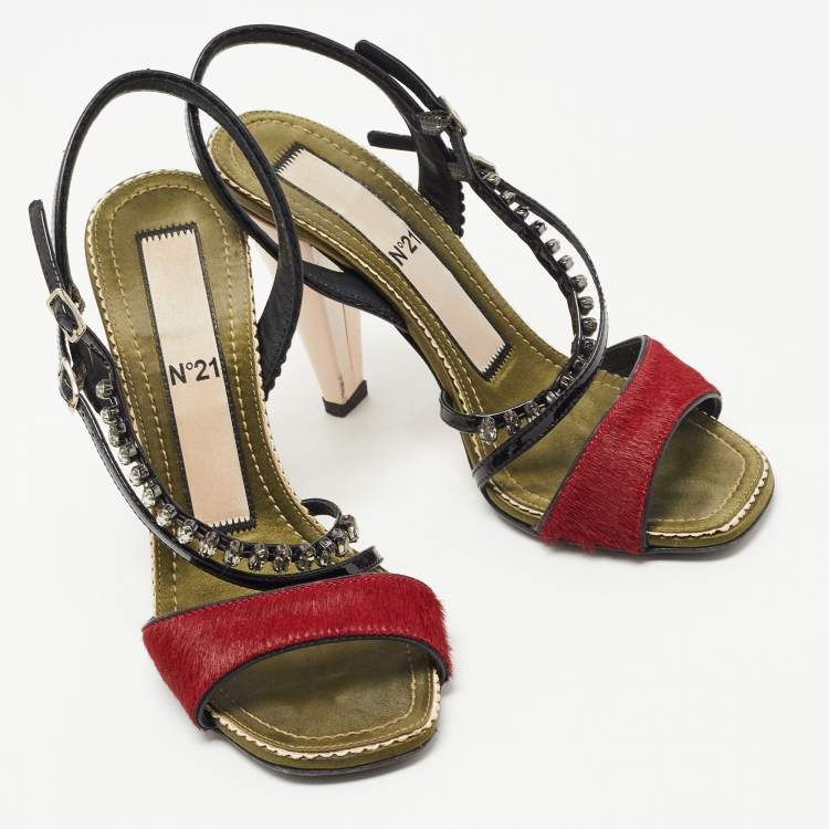 Pre Owned N21 Red/Black Leather and Calf Hair Crystal Studded Ankle Strap Sandals Size 36