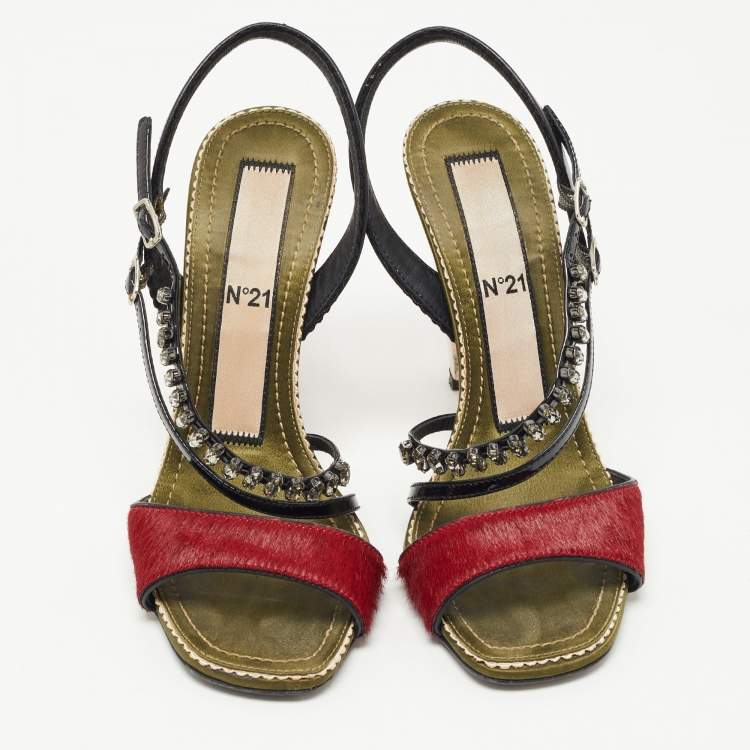 Pre Owned N21 Red/Black Leather and Calf Hair Crystal Studded Ankle Strap Sandals Size 36