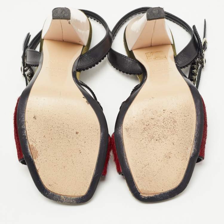 Pre Owned N21 Red/Black Leather and Calf Hair Crystal Studded Ankle Strap Sandals Size 36