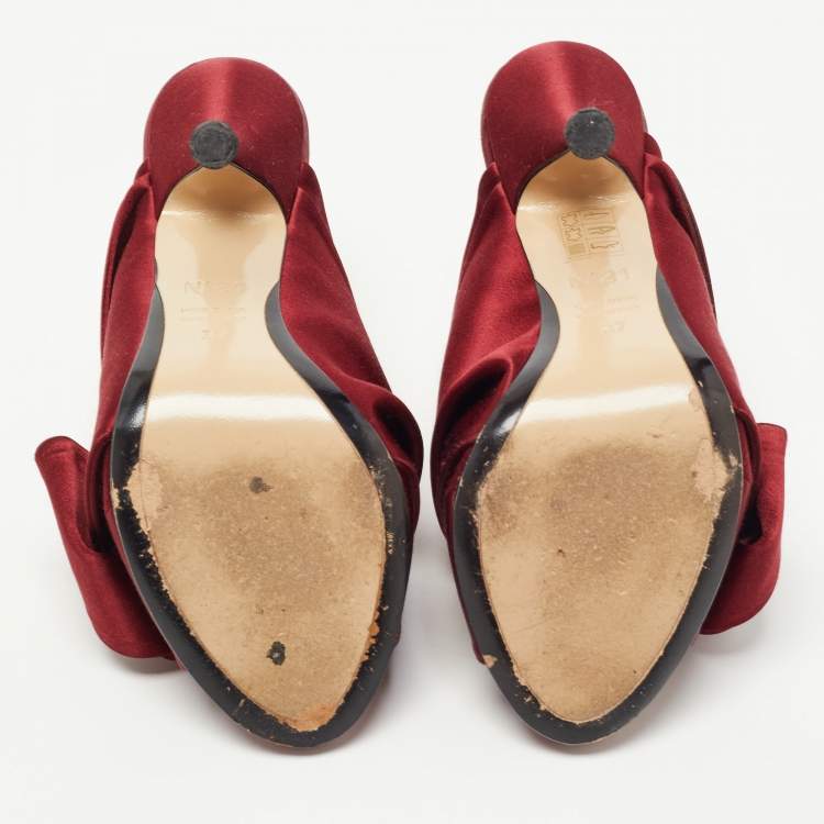 Pre Owned N21 Burgundy Satin Raso Knot Peep Toe Mules Size 37   