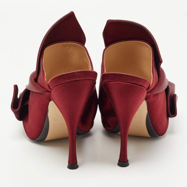 Pre Owned N21 Burgundy Satin Raso Knot Peep Toe Mules Size 37   