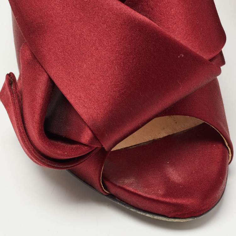 Pre Owned N21 Burgundy Satin Raso Knot Peep Toe Mules Size 37   