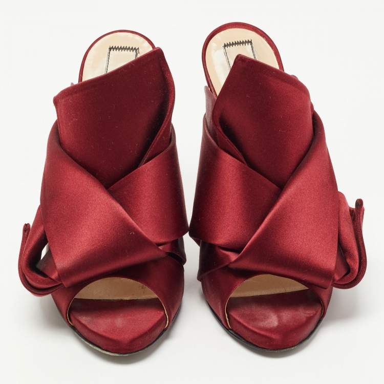 Pre Owned N21 Burgundy Satin Raso Knot Peep Toe Mules Size 37   