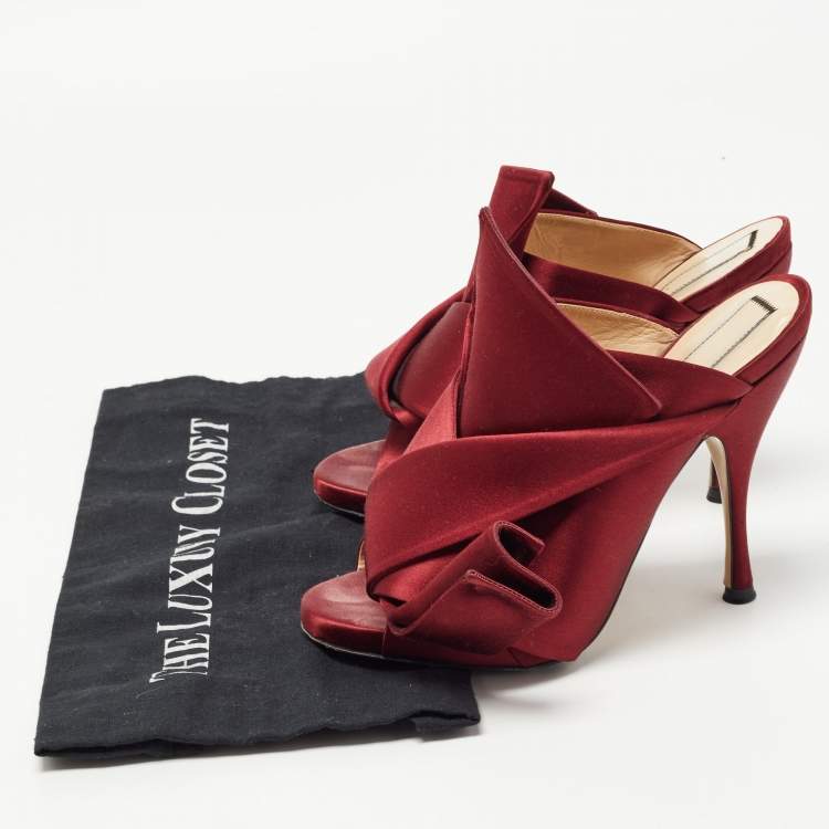 Pre Owned N21 Burgundy Satin Raso Knot Peep Toe Mules Size 37   