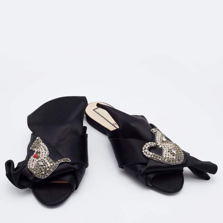Pre Owned Nº21 Black Satin Knot Embellished Flat Sandals Size 37