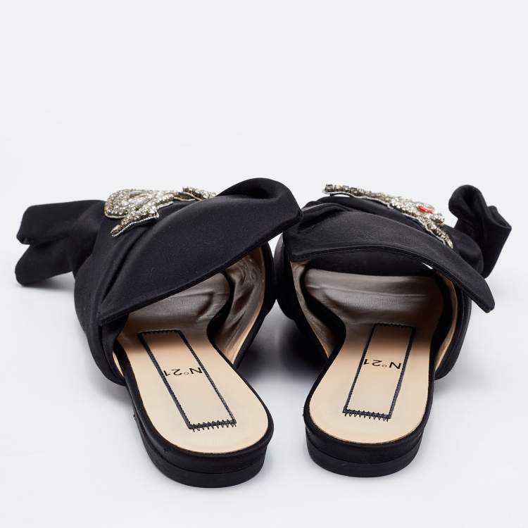 Pre Owned Nº21 Black Satin Knot Embellished Flat Sandals Size 37