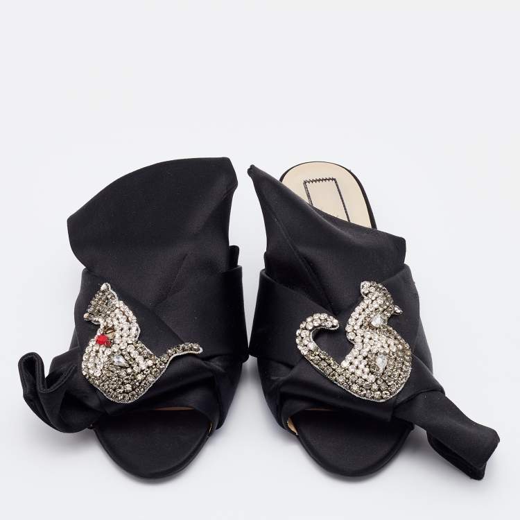 Pre Owned Nº21 Black Satin Knot Embellished Flat Sandals Size 37