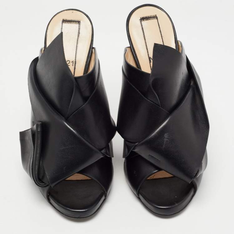 Pre Owned N21 Black Leather Raso Knot Mules Size 37