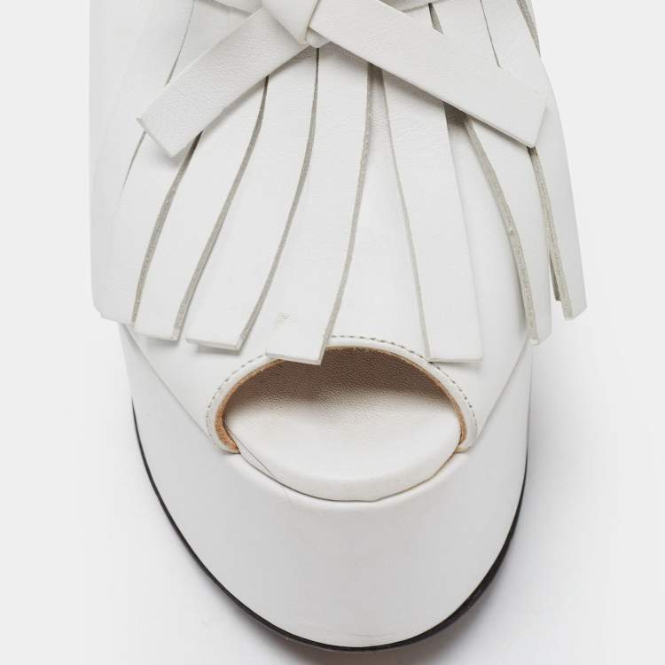 Pre Owned N21 White Leather Fringed Platform Mules Size 38