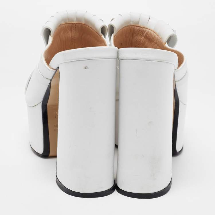 Pre Owned N21 White Leather Fringed Platform Mules Size 38