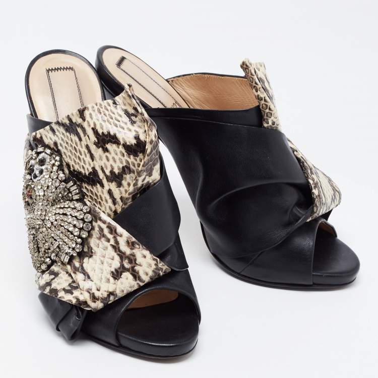 Pre Owned N21 Black/Beige Python  Leather and Leather Crystal Embellished Knot Mule Sandals Size 38.5
