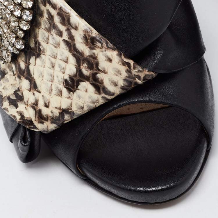 Pre Owned N21 Black/Beige Python  Leather and Leather Crystal Embellished Knot Mule Sandals Size 38.5