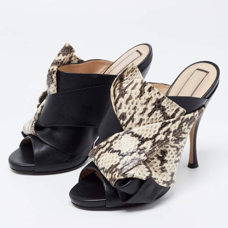 Pre Owned N21 Black/Beige Python  Leather and Leather Crystal Embellished Knot Mule Sandals Size 38.5