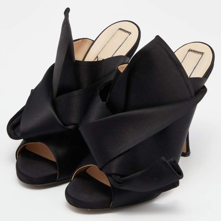 Pre Owned Nº21 Black Satin Raso Knot Peep Toe Slide Mules Size 40